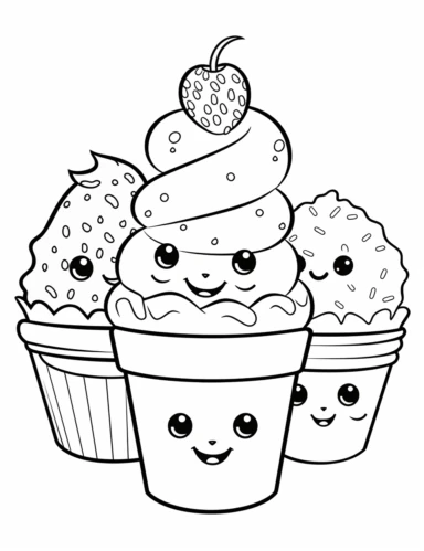 Kawaii Cake Icecream with delightful designs and flavors, like blueberry, chocolate chip, and banana For Simple Coloring page,line art, thick lines, black and white,clipart, illustration, on white background,margin Page 10px