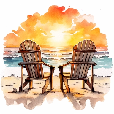 A wooden couple chair on the beach waves sunset, Watercolor Clipart, details Sublimation Clipart,Cartoon,hyper realistic, intricate detail, illustration style,high solution,on the white background