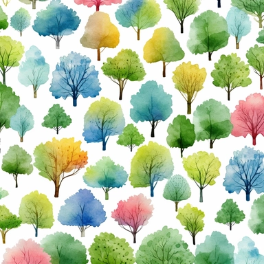 trees, Watercolor, vector, white background, clipart, Seamless patterns, repeating patterns design, flat illustration,outlined , Vector, 4K, Art station, digital print, highly detailed clean, A detailed illustration a field,3D vector art, cute and quirky, fantasy art, neon colors, Adobe Illustrator, hand-drawn, digital painting, low-poly, focused on the character, 4K resolution,vector image, photorealistic masterpiece, professional photography, realistic tree, flat background, isometric, black b