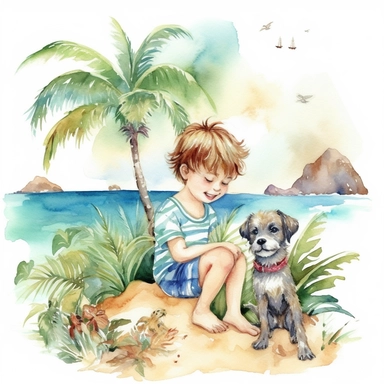 watercolour, tropical island setting, showcase a beautiful little Hawaiian Boy playing with his puppy, clipart style