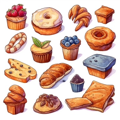baked goods clipart set, color hand drawn illustration, isolated image white background
