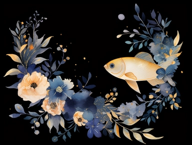 deep blue gold watercolor fish with flowers clipart, black background, 8k, high resolution