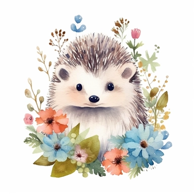 spring hedgehog with minimalist flowers, clipart on white background