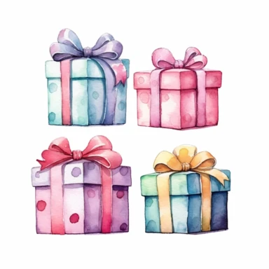 set of watercolors cute giftbox for kids book, white backgroun, clipart, clean and crisp