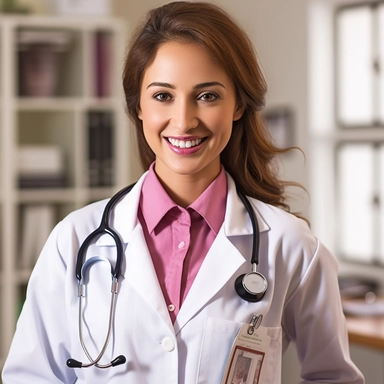 Female doctor, laminated ID badge clipped to lab coat, crisp white lab coat, wearing pink examination gloves, holding normal sized clipboard, stethoscope around neck, looking at camera, smiling, photorealism, perfect symmetrical face, perfect details, background: examination room, intricate details, 8k, ultra-detailed, intricate details, bright colors, DSLR, Canon EF-S 10-18mm f/4.5-5.6 IS STM lens, ISO 150, octa-rendering, hyper-realistic textures, symmetrical face