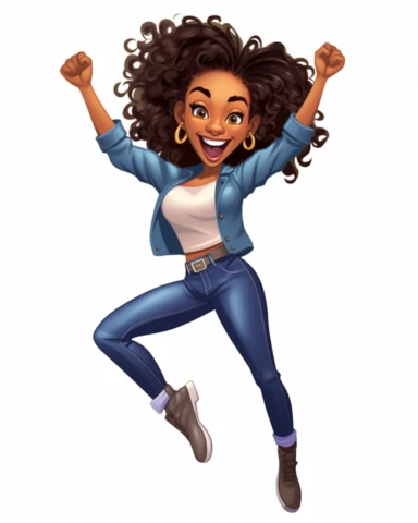 Cartoon illustration Clipart playful, excited Kelly Rowland Norman Rockwell style Clipart Full body shot from head to toe centered dark Brown skin African American black girl magic Kelly Rowland version with messy bun, the boss lady clipart , vector art image, in the style of feminine interiors, video collages, aquarellist, whitcomb-girls, bright summer dress, kitty lange,