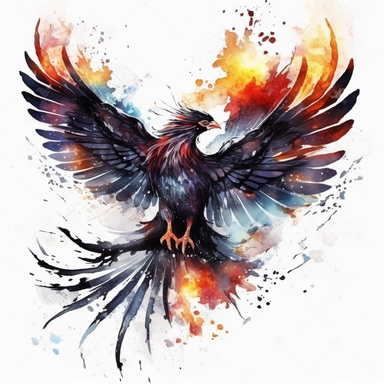 watercolor dark fantasy mystic black phoenix clipart, hd 4k, detailed, focused, isolated on white background