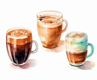 watercolor four Coffee clipart, flat style, no volume, few details, washed out, minimalistic style, very lose details, very light colors, transparent colors, light airy hues and pastel tones, spaced out, white background, washed out colors and paint, hand-painted watercolor, watercolor paper with visible rough paper texture, a variety of watercolor brushes, do not cross workspace borders, rough watercolor paper texture on top