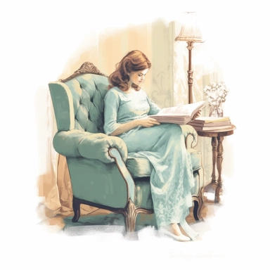 Vintage Girl Reading in an Armchair: A clipart of a girl sitting in a vintage armchair, engrossed in a book with a soft blueish hue, surrounded by vintage decor retro look vintage blueish colors pale colors pastel graphic vector illustration painting oil painting da vinci style white background