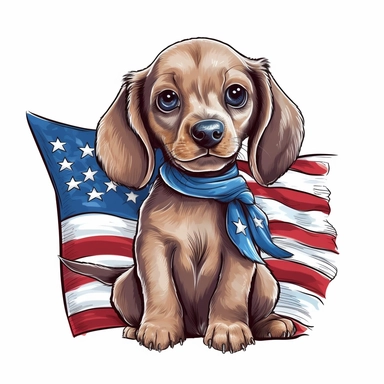 a cute dachshund puppy holding an american flag in his mouth, clipart style red white blue