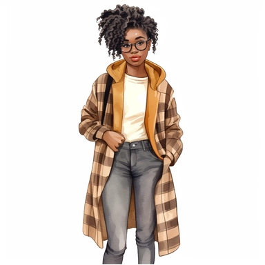 Black girl with old school fashion clothes, watercolor style, clipart solid white background