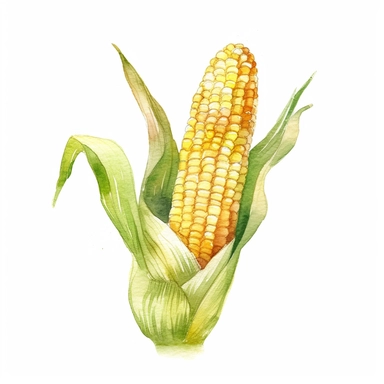 A childlike and simple illustration of a corn on the cob, hand-drawn with a minimalistic style and filled with soft watercolor tones, clipart with white background