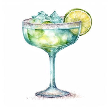 hand drawn frozenmargarita in a large glass, glamorous, very detailed and realistic, watercolor, white background with margins, clipart style