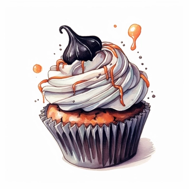 Ella bailey watercolour illustration with black gel pen outline style Halloween cupcake, high definition, no drips,16k, insanely detailed, fine detail, sharp focus, illustration, white background, isolated clipart vector
