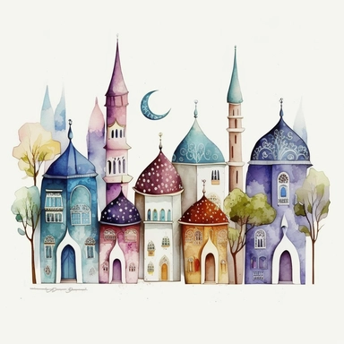 Very very cute and Whimsical houses in a row, quirky, playful, Istanbul, Turkey, Grand Mosque, beautiful, colorful, Watercolored illustration in the style of Michael Powell, clipart, white background
