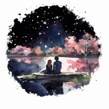 Watercolor, A couple by the river in bloom, night,clipart on black background