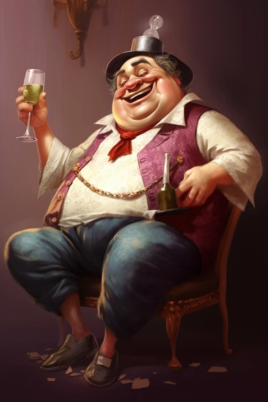 Cartoon, rich man, fat clipart, narrow clothes, luxury gold watches, laughing cheerfully, hands holding red wine bottles, a little drunk, talking nonsense, staggering roads and oil paintings