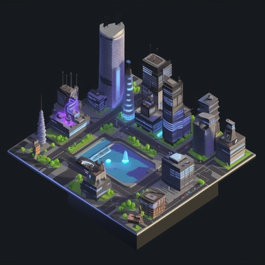isometric perspective, game sprite, futuristic city park concept, gaming asset, sci-fi, fun, creative, cartoon, clipart, hyper-detailed, black background,
