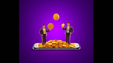 3d illustration. Cartoon characters businessmen hands with golden coin, sticking out the smart phone screens. Internet commerce clip art isolated on violet background. Financial transaction concept, UHD, 8K,