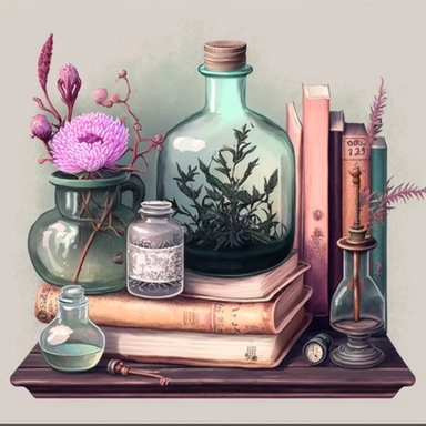 Light academy, old wooden shelf, potion bottle, bottle, grass, books, diary, glass with brushes, candles, vase, pink and white peonies, pink, white, light blue, purple, pastel colors,clipart on a white background, an illustration of by Annabel Kidston, shutterstock contest winner, generative art, detailed painting, digital illustration, photoillustration isolated on white background, digital watercolor