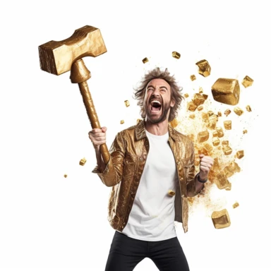 golden magic hammer, happy man laughing hysterically, unreal engine clipart, white background