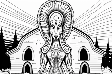 make it an alien church Contour Drawing, in the style of line art coloring page for adults, entirely black and white only, vector drawing style, clipart, white background