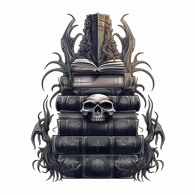 Create an impressive clipart of a clean, dark wizard's book stack on a pure white background. The design should incorporate elements of the gothic and fantasy genres, with dark hues and ornate designs on the books' spines. The lighting should be moody and shadowy, with a focus on the intricate details of the books' covers. The book stack should be perfectly symmetrical to create a sense of order and balance. Use a macro lens to capture the intricate details of the books' designs and play with th