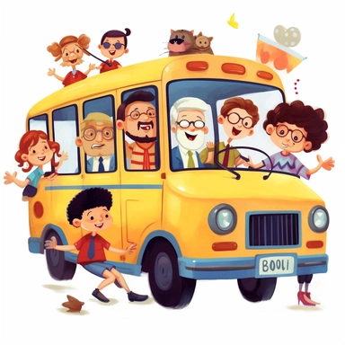 2D CUTE CLIPART OF OLDR GREYING MALE BUS DRIVER HAPPILY DRIVING HAPPY CHILDREN TO SCHOOL, WHITE BACKGROUND