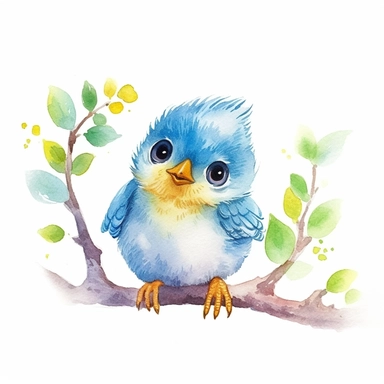 a captivating watercolor clipart image with a white background and white margins, featuring a cute sweet kawaii extremely happy baby blue bird sitting on a tree. The ultra-detailed, hand-drawn elements capture the details. Use vibrant shades of various colors to create a visually appealing image
