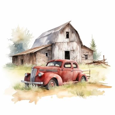 watercolor rustic farm barn with abandoned car clipart, white background