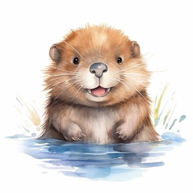 a captivating watercolor clipart image with a white background and white margins, featuring a cute sweet extremely happy smiling baby beaver. The ultra-detailed, hand-drawn elements capture the details. Use vibrant shades of various colors to create a visually appealing image