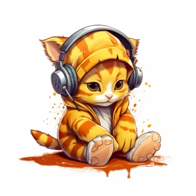 cute kitten listening to music in the style of skottie young, clipart