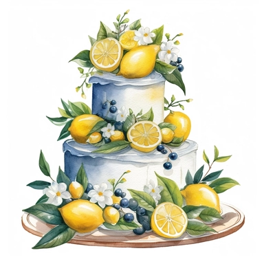 clipart watercolor wedding cake with lemons in the style of Amalfi coast