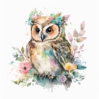 watercolor cute cartoon fantasy owl defined edges Floral Clipart pastel color white background