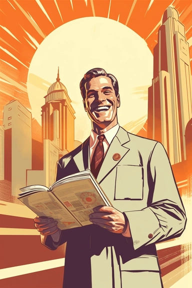 doctor with clipboard laughing, propaganda art style, art deco, construction company in background, lower third angle