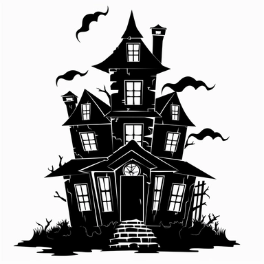 halloween haunted house clipart, black color, white background, minimalistic drawing