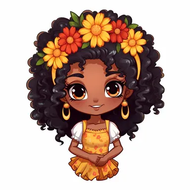 African American, pretty flower style cartoon, clipart, Chibi and Kawaii Style, white background