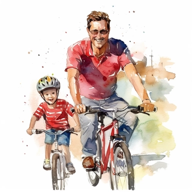 dad riding bikes with his family, clip art, watercolor style--q2--v5.1--s1000