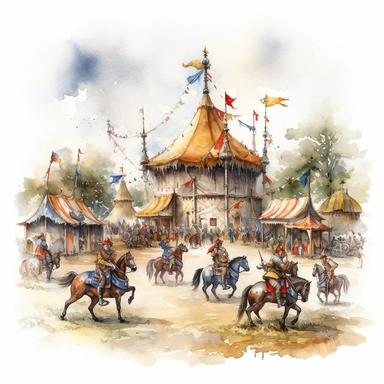 A charming Renaissance fair with jousting tournaments, costumed performers, and period-style crafts, watercolor illustration with photorealistic high details clipart, white background.
