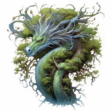 dragon of trees tattoo design by twilight designs, in the style of david nordahl, jean-baptiste monge, farel dalrymple, fantastical street, high resolution, imaginative characters, vibrant colors, clipart, blank white background