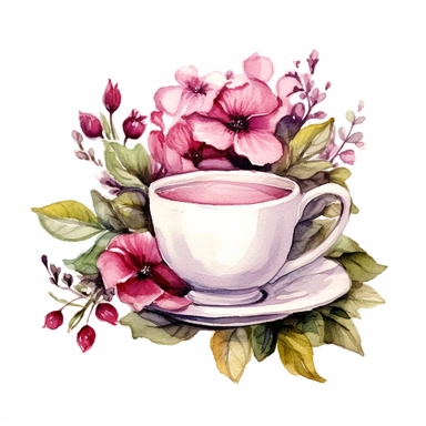 tea cup clipart with flowers, watercolor illustration, clean background