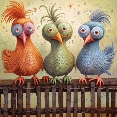 Whimsical magical wacky chickens on a fence, muted colors, swirls, twists, twirls, metallic, glitter, stylized, funny, centered, airbrushed, digital oil, detailed illustration, clip art, cartoon, 8k,-- ar 9:8