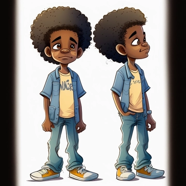son of Draymon, 7 year old black man, illustration for children's book, multiple angles, back facing camera, 360 degree character, 7 years old, curly black and gray faded flat top afro, large eyes, wearing blue jeans, yellow shirt, brown shoes, Watercolor Clipart, strybk, full Illustration, 4k, sharp focus, watercolor, smooth soft skin, symmetrical, soft lighting, detailed face, watercolor style, strybk, Octane rendering, 3d. Perfect face, detailed face, delicate face, perfect round lips, detail