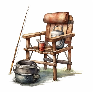 fishing chair with fishing rod clipart, watercolor illustration, realistic, isolated on the white background, vintage style, vibrant colors, realistic, very detailed, hd