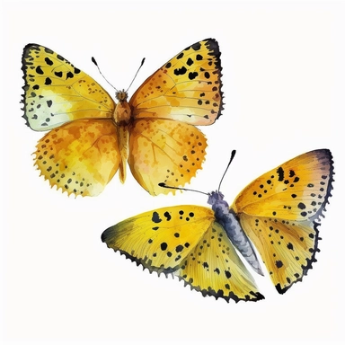 watercolor 2 butterflies clipart, flying 2 butterlies, full yellow, bright color, no outlines, white background, no text