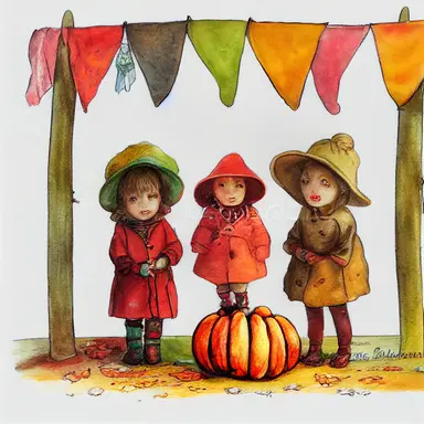 children in autumn clothes on a lantern parade, toadstools, waldorf, martinmas, chalk, watercolor, clipart, white background, cartoon