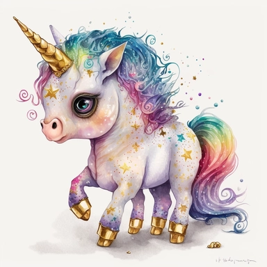 fantasy baby unicorn, clipart watercolor illustration, aquarallist, cute, big eyes, colourful, unicorncore, fairycore, free brushwork, watercolor, light and bright, four legs, gold horn, sparkle, skarklecore, detailed, isolated on a white background,