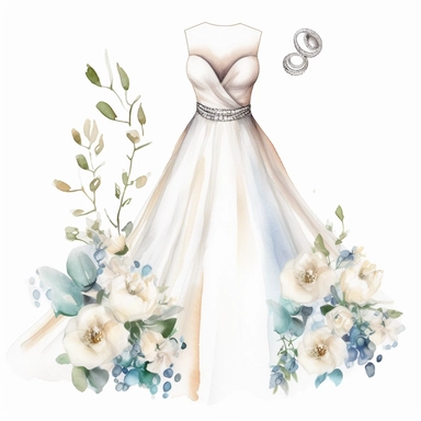 watercolor elegance Wedding dress clipart, with white roses, charming jewelry, hd, isolated on white background, space out