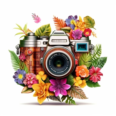 clipart of an antique photo camera, surrounded by an intricate arrangement of dramatic extravagant digital 3D giants multicolor hibiscus, rainbow palm leaves, tropical summer ambiant, playfully intricate, full of jungle flowers, bloomcore, cartoon pixar style, 8K, white background