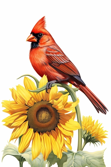 northern red cardinal on sunflowers, original hand drawing, watercolor, understated and flawless coloring image, realistic image, transparent background, realistic painting, portrait without writing clipart, plain isolated white background, 8k ultra detail high sharpness